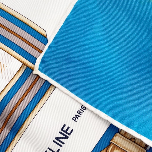 Celine Vintage 100% Silk Large Teal Bridle Horse Saddle Equestrian Scarf - Picture 12 of 14